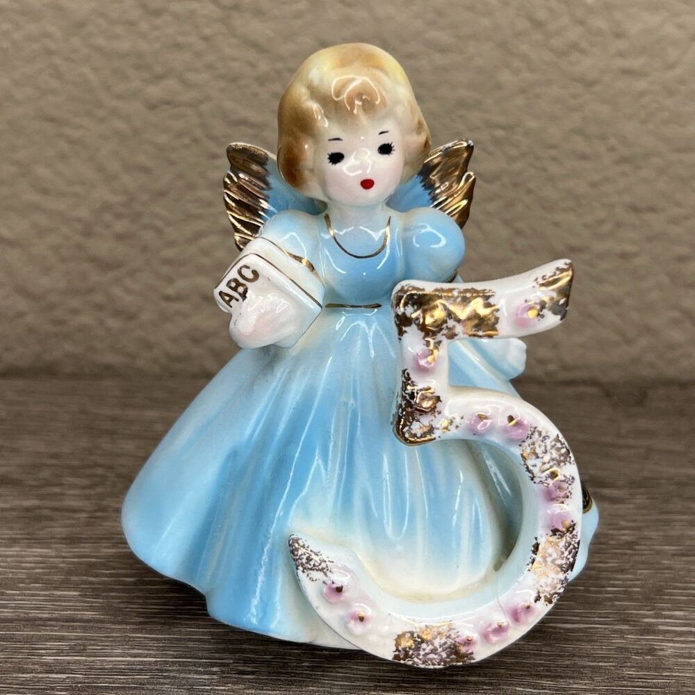 Vintage JOSEF ORIGINALS  Birthday Girl Blue Angel Figurine Age 5 ABC's Japan